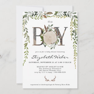 Rustic Wood Slice Greenery Baby Shower Invitation