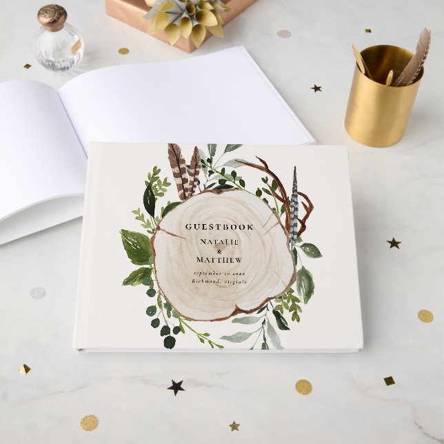 Rustic Wood Slice Greenery Botanical Wedding Guest Book (Front Open)