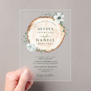 Rustic Wood Slice Greenery Wedding Acrylic Invitations