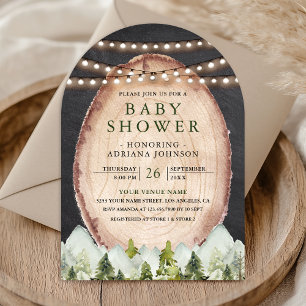 Rustic Wood Slice Mountain Forest Arch Baby Shower Invitation