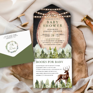 Rustic Wood Slice Mountain Forest Deer Baby Shower All In One Invitation
