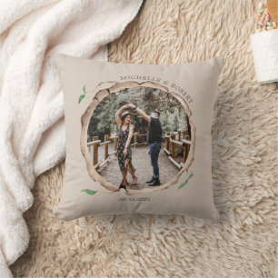 Rustic Wood Slice Photo Wedding Monogram Cushion