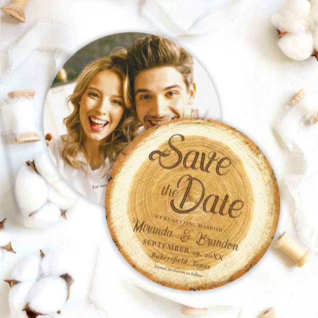 Rustic Wood Slice Photo Wedding Save the Date Card (Creator Uploaded)