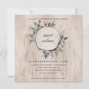 RUSTIC WOOD SLICE PINK FLORA BRIDAL SHOWER INVITE