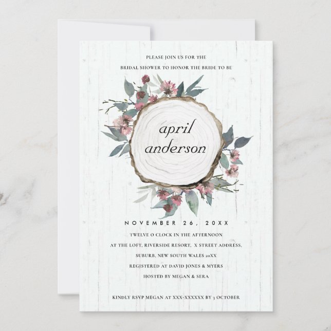 RUSTIC WOOD SLICE PINK FLORAL BRIDAL SHOWER INVITE (Front)