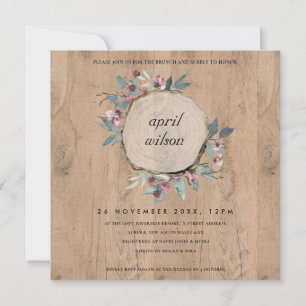 RUSTIC WOOD SLICE PINK FLORAL BRUNCH BUBBLY INVITE
