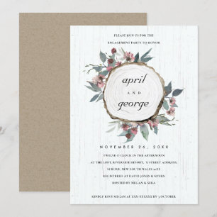 RUSTIC WOOD SLICE PINK FLORAL ENGAGEMENT INVITE