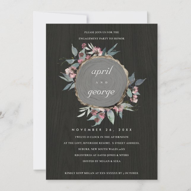 RUSTIC WOOD SLICE PINK FLORAL ENGAGEMENT INVITE (Front)