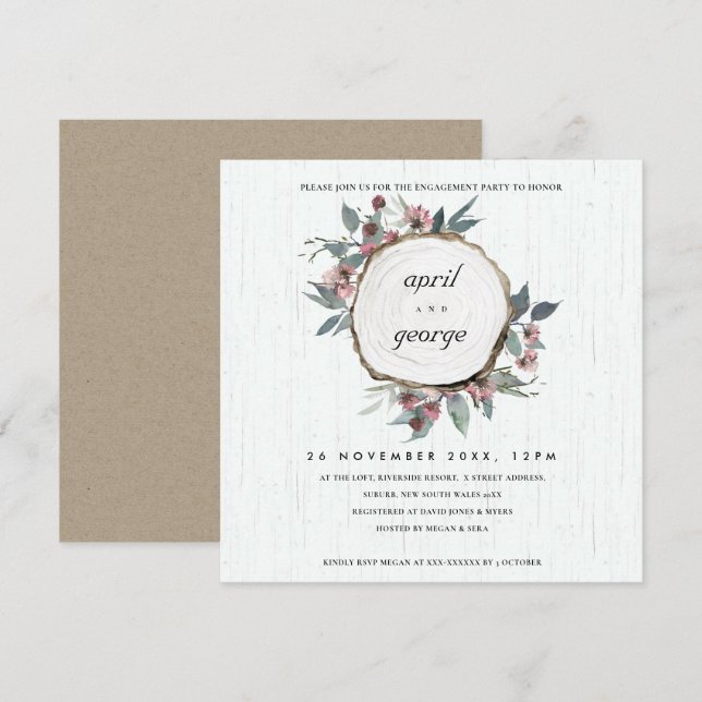 RUSTIC WOOD SLICE PINK FLORAL ENGAGEMENT INVITE (Front/Back)