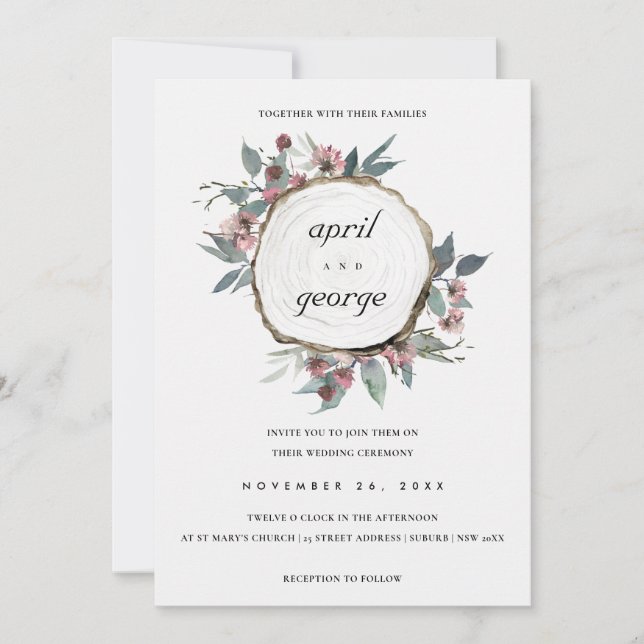 RUSTIC WOOD SLICE PINK FLORAL WEDDING INVITE (Front)