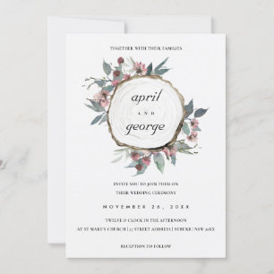 RUSTIC WOOD SLICE PINK FLORAL WEDDING INVITE