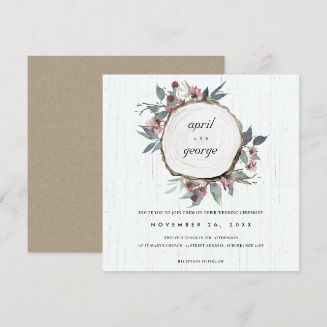 RUSTIC WOOD SLICE PINK GREEN FLORAL WEDDING INVITE (Front/Back)