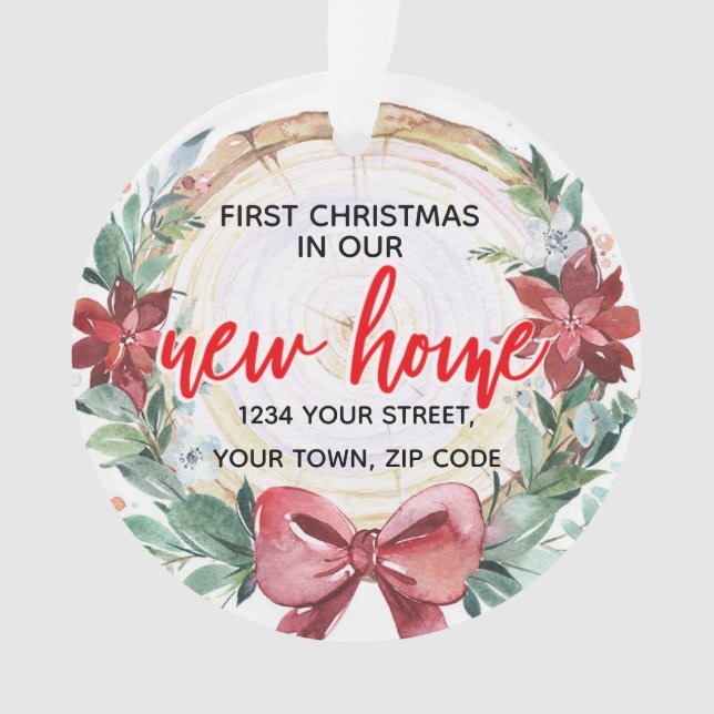 Rustic Wood Slice & Poinsettia Wreath New Home Ornament (Front)