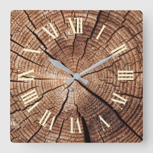 Rustic Wood Slice Roman Numeral Square Wall Clock (Front)