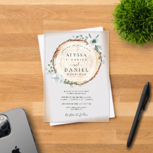 Rustic Wood Slice Watercolor Botanical wedding Acrylic Invitations
