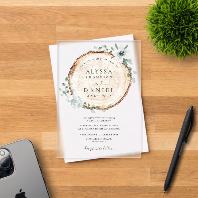 Rustic Wood Slice Watercolor Botanical wedding Acrylic Invitations (Insitu (Invitation Card))
