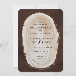 Rustic wood slice wedding invite