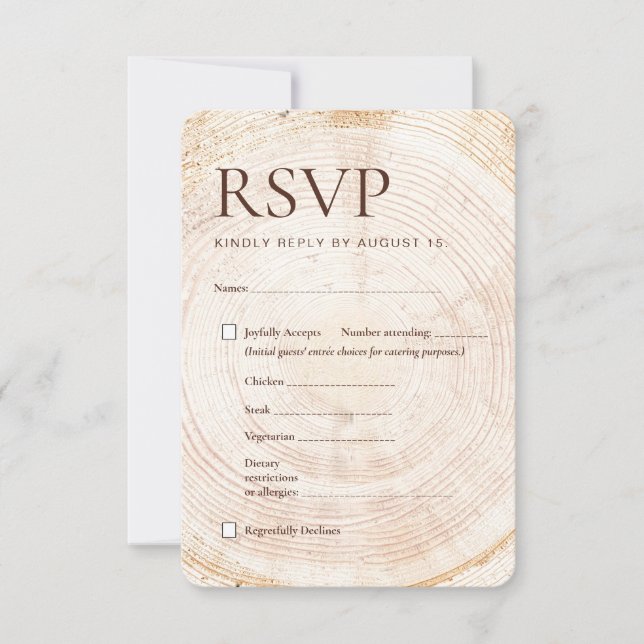 Rustic Wood Slice Wedding RSVP Card Meal Choice  (Front)