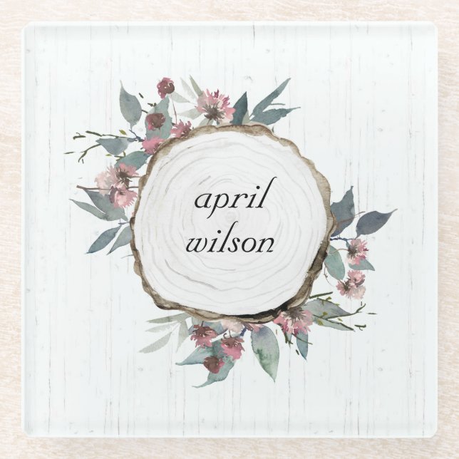 RUSTIC WOOD SLICE WILD PINK FLORAL EUCALYPTUS GLASS COASTER (Front)