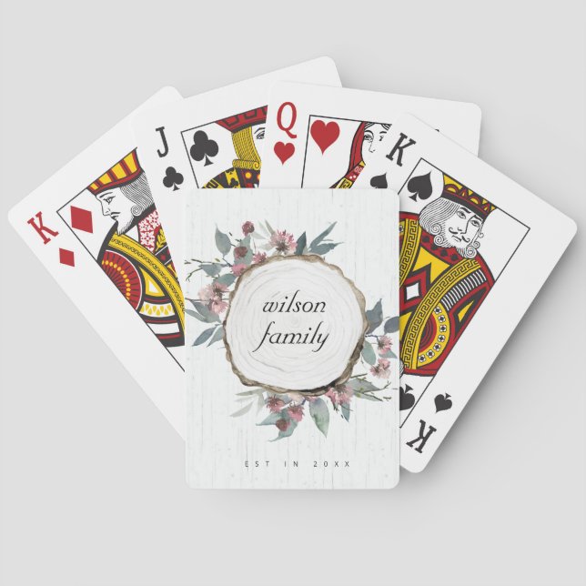 RUSTIC WOOD SLICE WILD PINK FLORAL EUCALYPTUS PLAYING CARDS (Back)