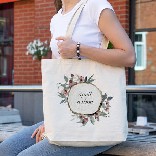 RUSTIC WOOD SLICE WILD PINK FLORAL EUCALYPTUS TOTE BAG