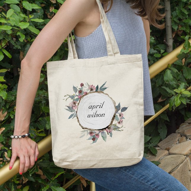 RUSTIC WOOD SLICE WILD PINK FLORAL EUCALYPTUS TOTE BAG (Creator Uploaded)