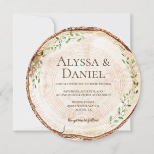 Rustic Wood Slice with Greenery woodland wedding Invitation