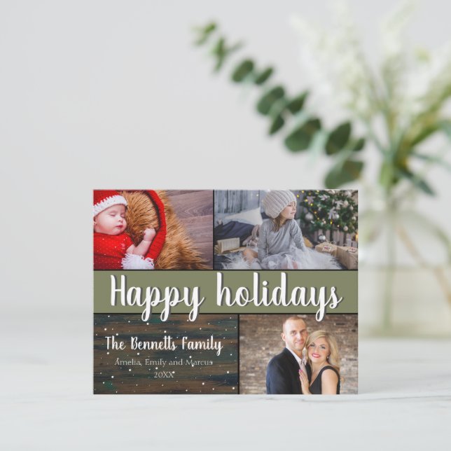 Rustic Wood Snow 3 Photo Collage Holiday Card (Standing Front)