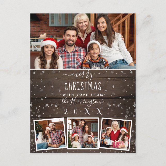 Rustic Wood & Snow Family 4 Photo Merry Christmas Holiday Postcard (Front)