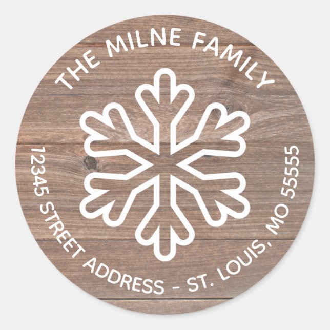 Rustic Wood Snowflake - Circle Return Address Classic Round Sticker (Front)
