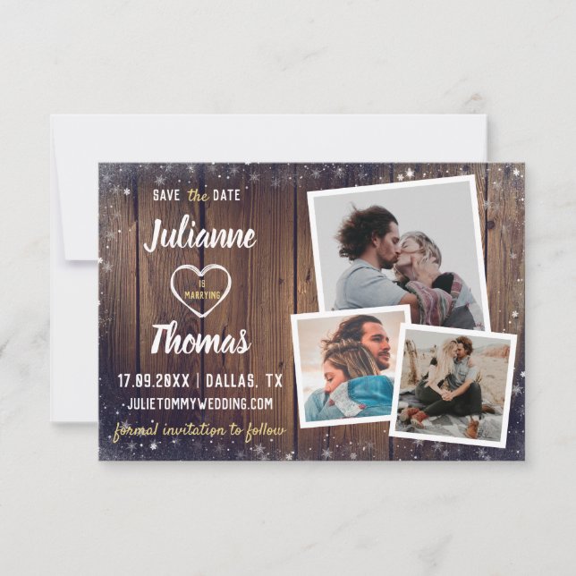 Rustic Wood Snowflake Holiday Wedding Photo  Save The Date (Front)