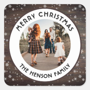 Rustic Wood Snowflake Merry Christmas Family Photo Square Sticker