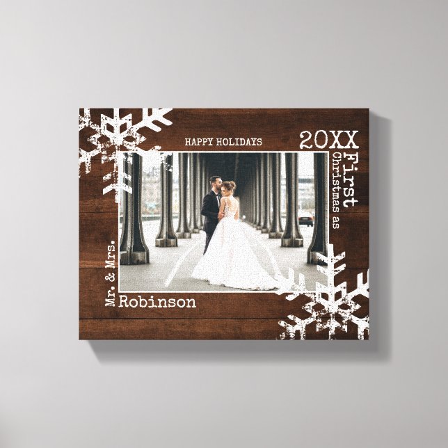Rustic Wood Snowflake Newlywed Christmas Photo Canvas Print (Front)
