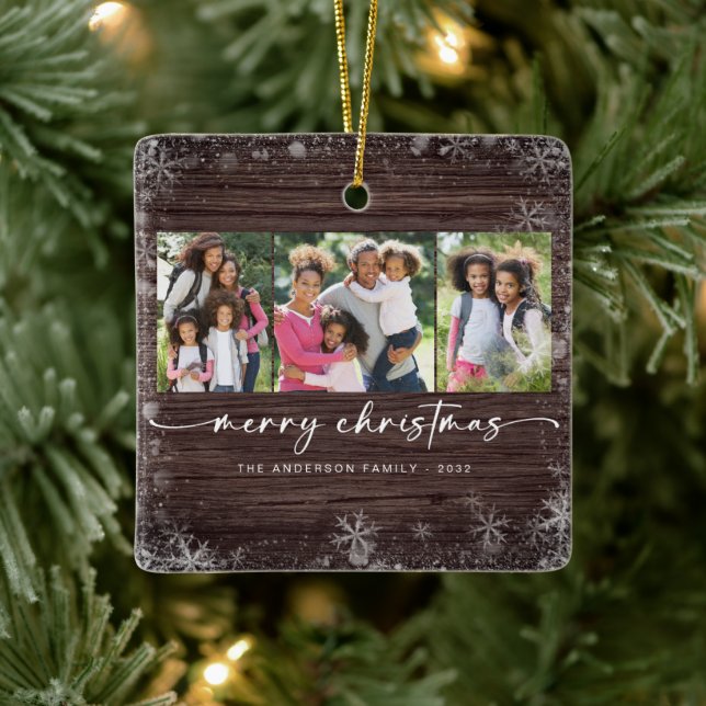 Rustic Wood Snowflake Photo Merry Christmas  Ceramic Ornament (Tree)