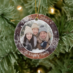 Rustic Wood Snowflake Photo Personalized Ceramic Tree Decoration