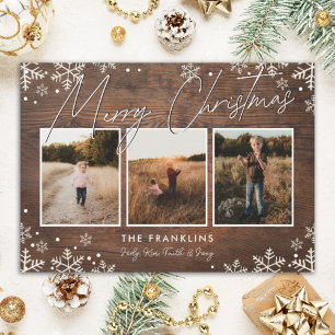 Rustic Wood Snowflake Script Type Christmas Photo Holiday Card