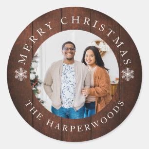 Rustic Wood Snowflakes Christmas 1 Photo  Classic Round Sticker