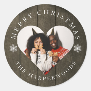 Rustic Wood Snowflakes Christmas 1 Photo  Classic Round Sticker