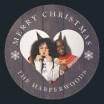 Rustic Wood Snowflakes Christmas 1 Photo  Classic Round Sticker<br><div class="desc">Rustic Wood Snowflakes Christmas 1 Photo</div>