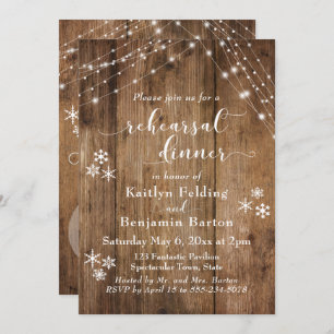 Rustic Wood, Snowflakes & Lights Rehearsal Dinner Invitation