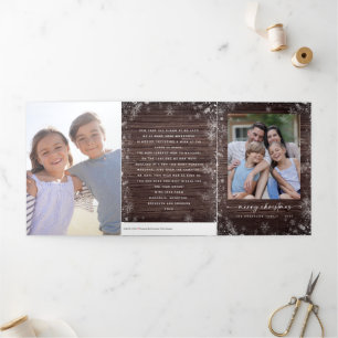 Rustic Wood Snowflakes Merry Christmas Photos Tri-Fold Holiday Card