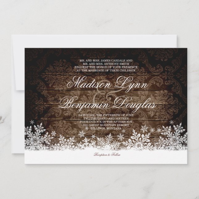 Rustic Wood Snowflakes Winter Wedding Invitations (Front)