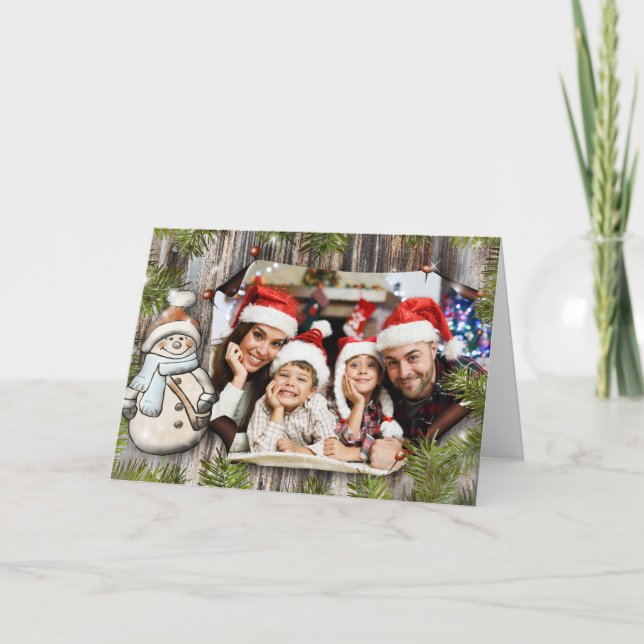 Rustic Wood Snowman Frame Christmas Photo Holiday Card (Front)