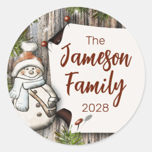 Rustic Wood Snowman Print Classic Round Sticker