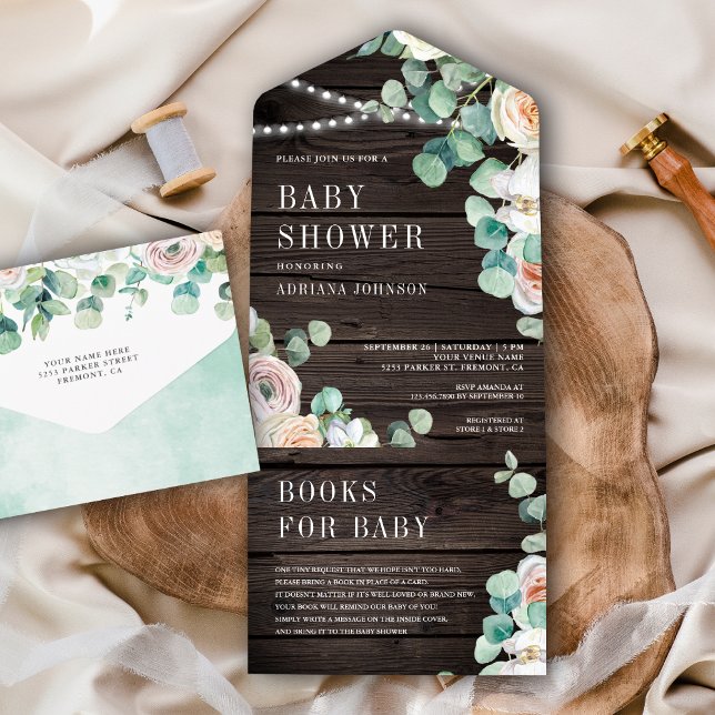 Rustic Wood Soft Roses Eucalyptus Baby Shower All In One Invitation (Creator Uploaded)