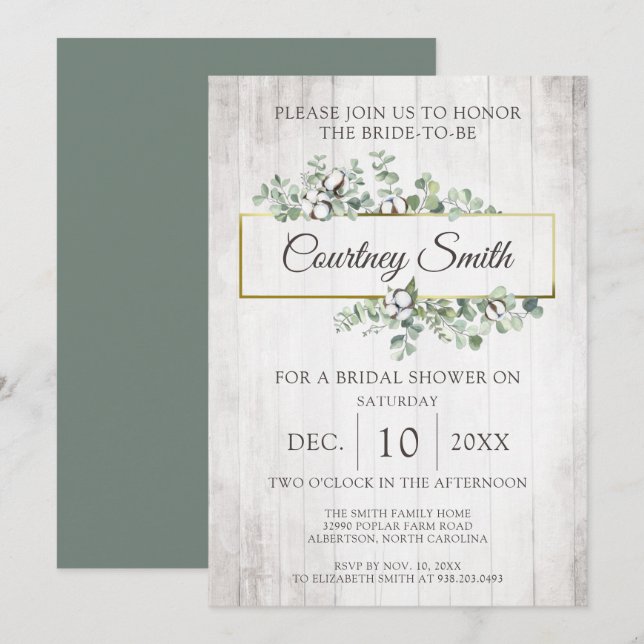 Rustic Wood Southern Cotton Boll Bridal Shower Invitation (Front/Back)