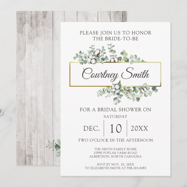 Rustic Wood Southern Cotton Boll Bridal Shower Invitation (Front/Back)