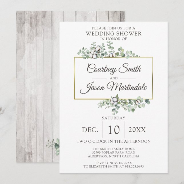 Rustic Wood Southern Cotton Boll Wedding Shower Invitation (Front/Back)