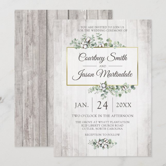 Rustic Wood Southern Cotton Botanical Wedding Invitation (Front/Back)