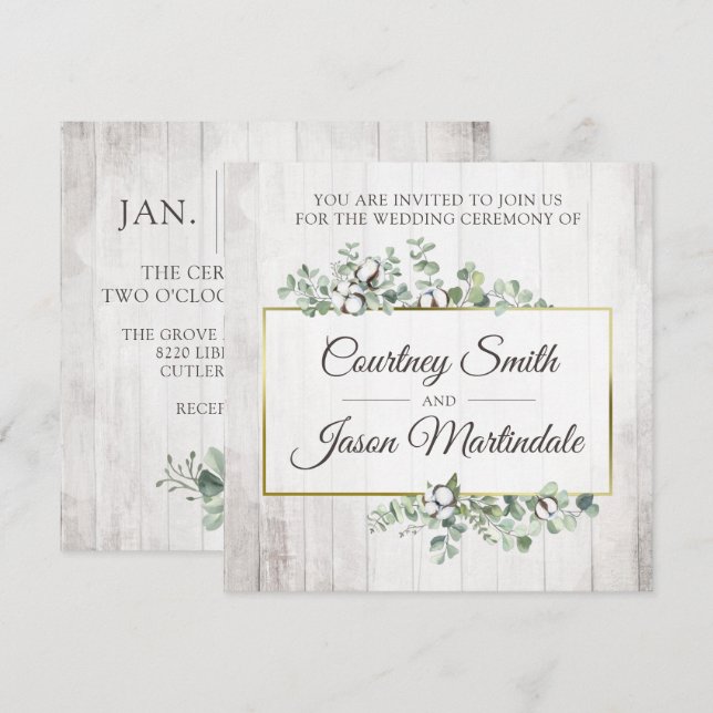 Rustic Wood Southern Cotton Botanical Wedding Invitation (Front/Back)